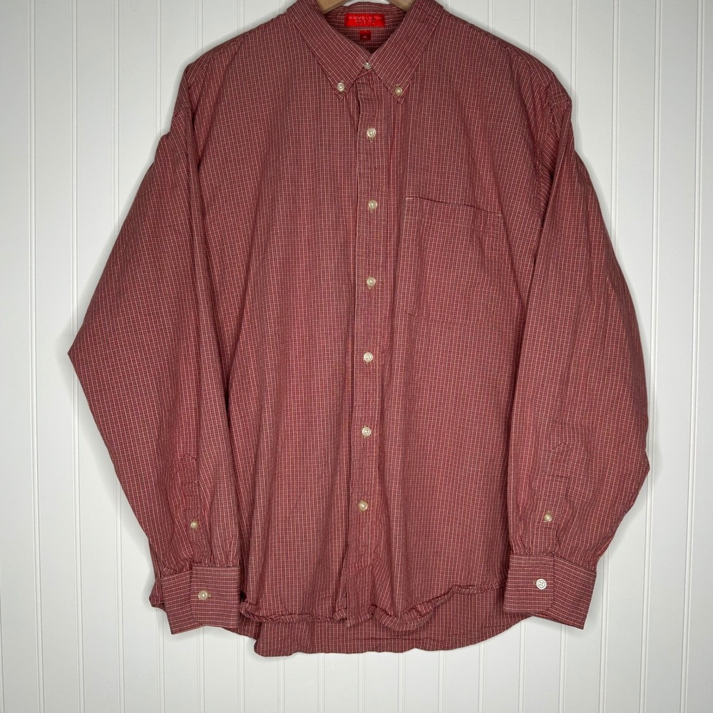 IZOD Mens Shirt XL Red White Check Sueded Cotton Long Sleeve Button Down